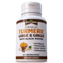 Load image into Gallery viewer, Turmeric 95% Curcumin with Garlic, Ginger & Black Pepper Extract (BioPerine) Capsules