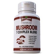 Load image into Gallery viewer, MUSHROOM COMPLEX 7 BLEND ORGANIC PILLS CAPSULES REISHI LIONS MANE BRAIN MEMORY