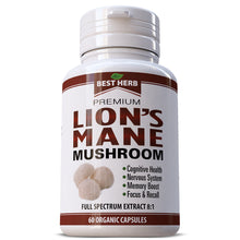 Load image into Gallery viewer, BEST HERB'S LIONS MANE MUSHROOM ORGANIC PILLS CAPSULES COGNITIVE FUNCTION NERVOUS SYSTEM MOOD & MENTAL HEALTH