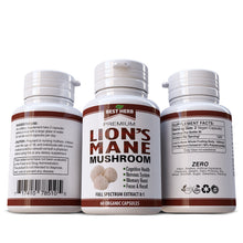 Load image into Gallery viewer, BEST HERB'S LIONS MANE MUSHROOM ORGANIC PILLS CAPSULES COGNITIVE FUNCTION NERVOUS SYSTEM MOOD & MENTAL HEALTH