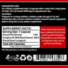 Load image into Gallery viewer, 240 x Capsules / Pills Tongkat Ali Best Herb SUPER STRENGTH Root Premium Wild Grade 'A' Extract 200:1 Power For men 100% Natural Herbal Supplement