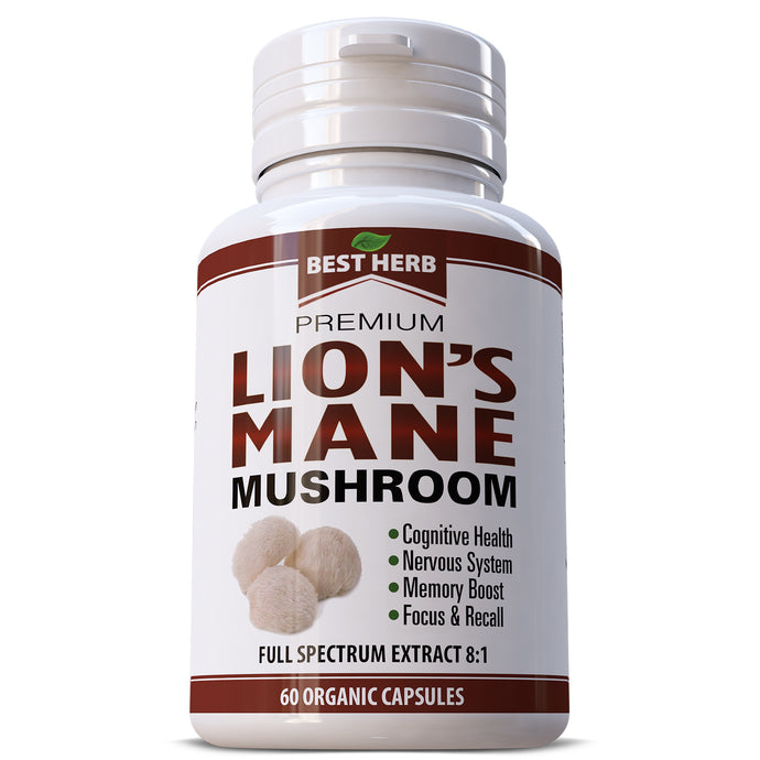 BEST HERB'S LIONS MANE MUSHROOM ORGANIC PILLS CAPSULES COGNITIVE FUNCTION NERVOUS SYSTEM MOOD & MENTAL HEALTH